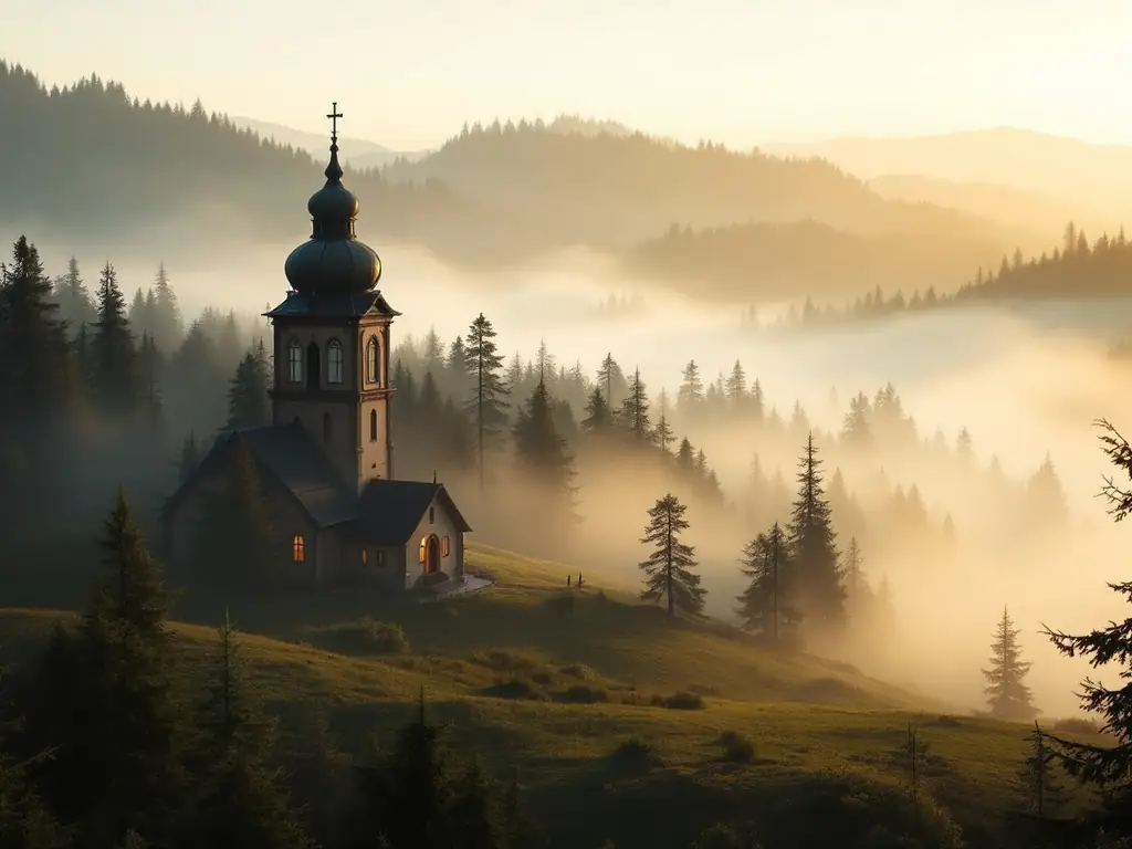 Die Silhouette einer kleinen Kirche mit Zwiebelturm erhebt sich abends aus dem Nebel eines Waldtals