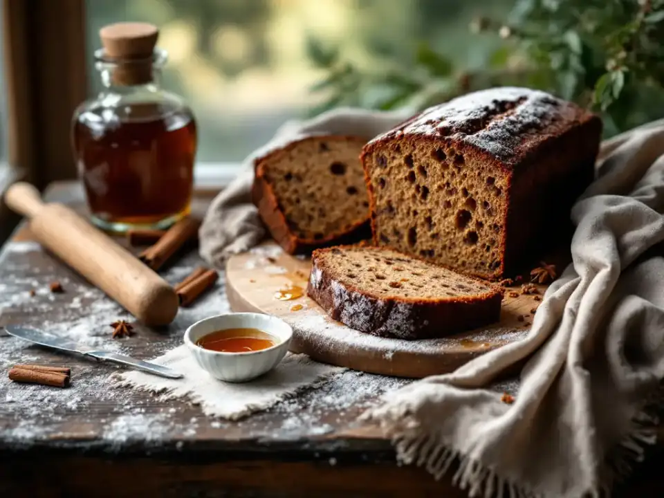 Ein angeschnittener Gewürz-Lebkuchen auf einem bemehlten Holztisch, daneben Honig und Zimtstangen