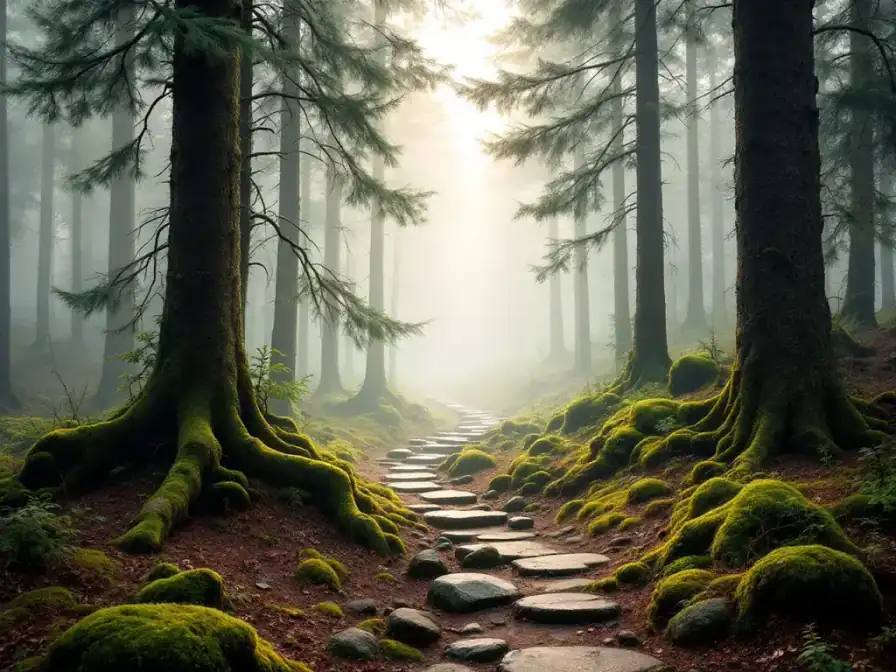 Ein schmaler Wanderpfad mit flachen Steinen schlängelt sich durch einen nebligen, bemoosten Tannenwald